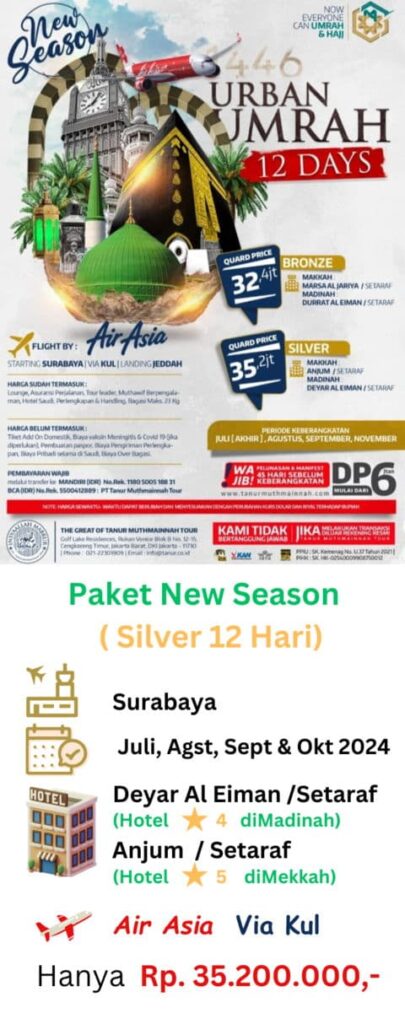 Harga Paket Umroh 2024 Surabaya Tanur Muthmainnah Tour Silver